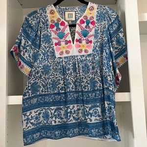 Bell by Alicia Bell Blue Blouse with Pink and Gold Embroidery. Size XS.